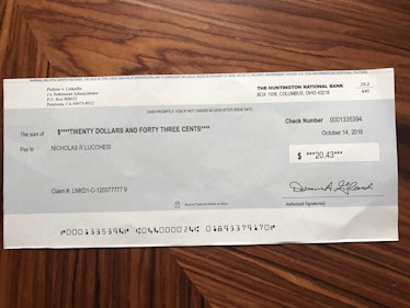 A check from the Perkins v. LinkedIn lawsuit that was sent on October 14, 2016.