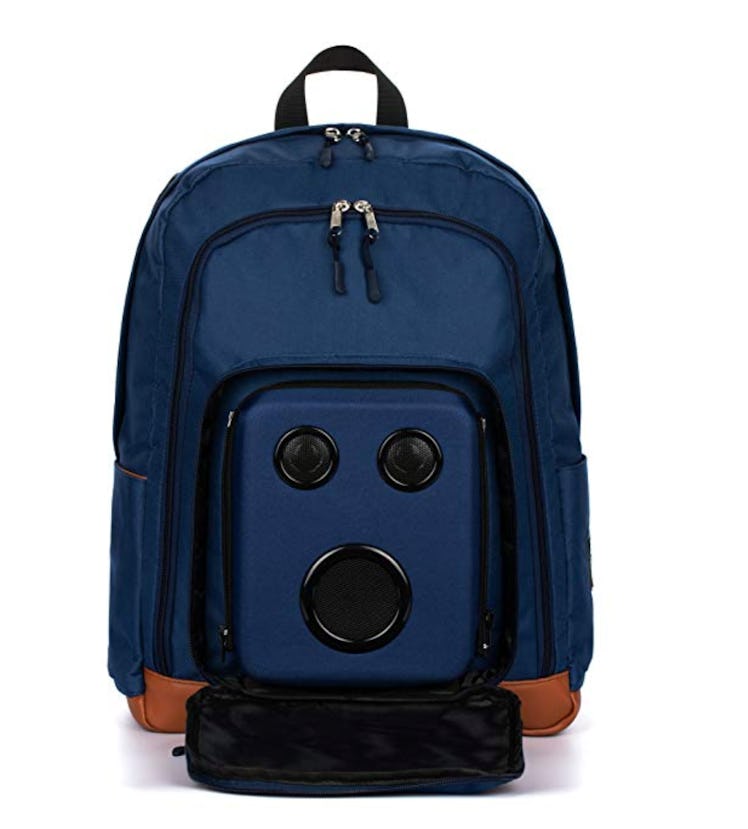 A blue backpack with speakers