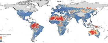 This map shows how far people living near venomous snakes have to travel to reach the nearest city, ...