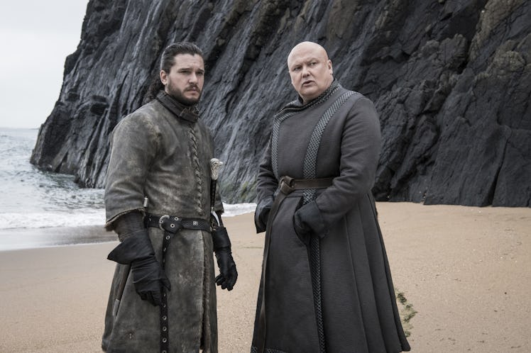 Jon Snow (Kit Harington) and Varys (Conleth Hill) on the beach in 'Game of Thrones' 