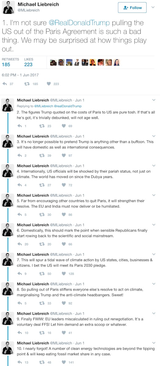 A screenshot of a tweet from Michael Liebreich stating why pulling the US out of the Paris Agreement...