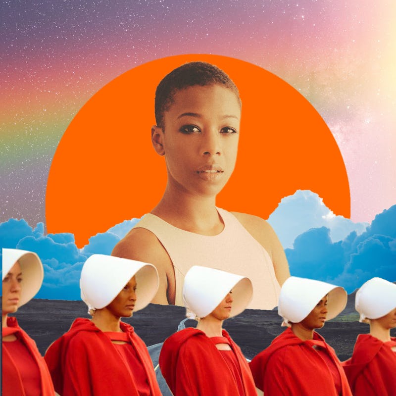 Samira Wiley in front of the cartoonish background of the sunset