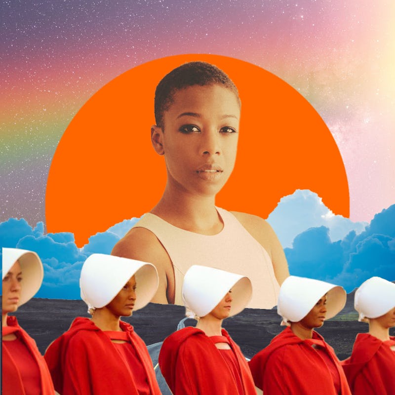 Samira Wiley in front of the cartoonish background of the sunset 