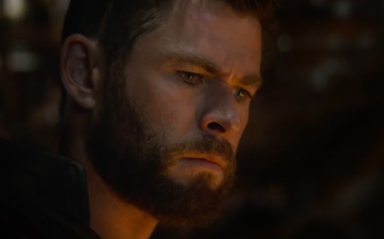 Chris Hemsworth as Thor in the 'Avengers: Endgame' trailer. He's brooding somewhere dark.