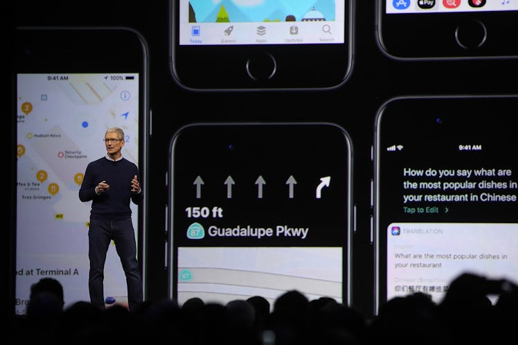 Apple CEO Tim Cook introducing some of iOS 11's new features.