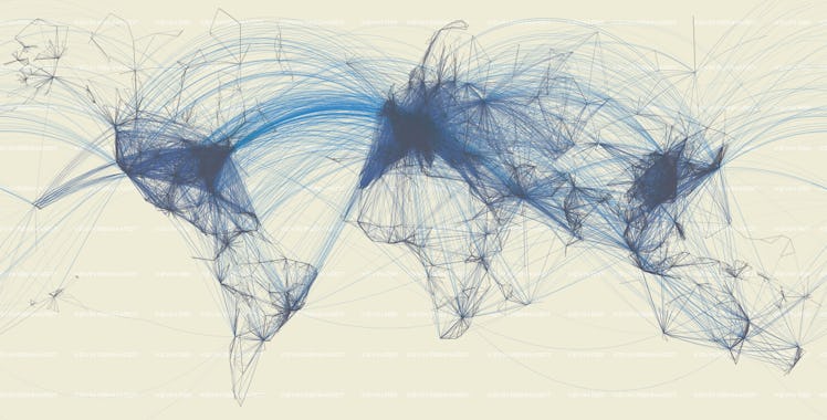 World map of global flight patterns.