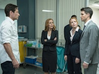 Hospital scene from the X-Files in which agents Scully and Molder are speaking with a man in a grey ...