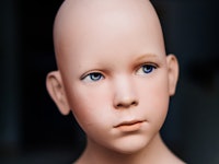 A digital 3D illustration of a young hairless child