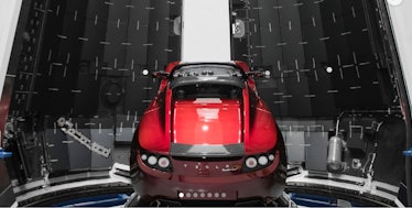 Elon Musk's Tesla Roadster inside a payload fairing in a photo shared in December 2017. The car will...