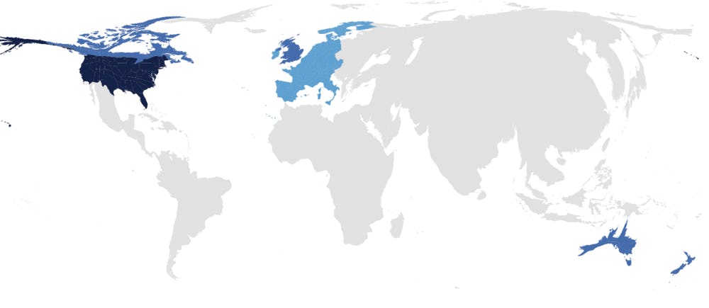 Map of nations covered by psychological studies