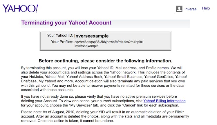 Yahoo tries to discourage users from deleting their accounts.