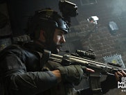 A character in Call of Duty: Modern Warfare hiding behind a wall, aiming to shoot 