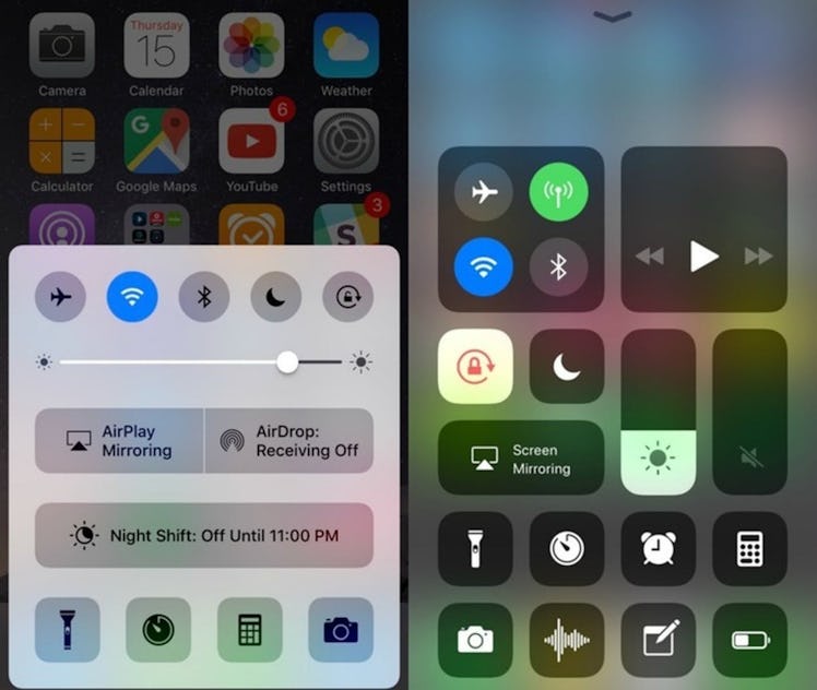 iOS 10 Control Center on left vs iOS 11 Control Center on right.