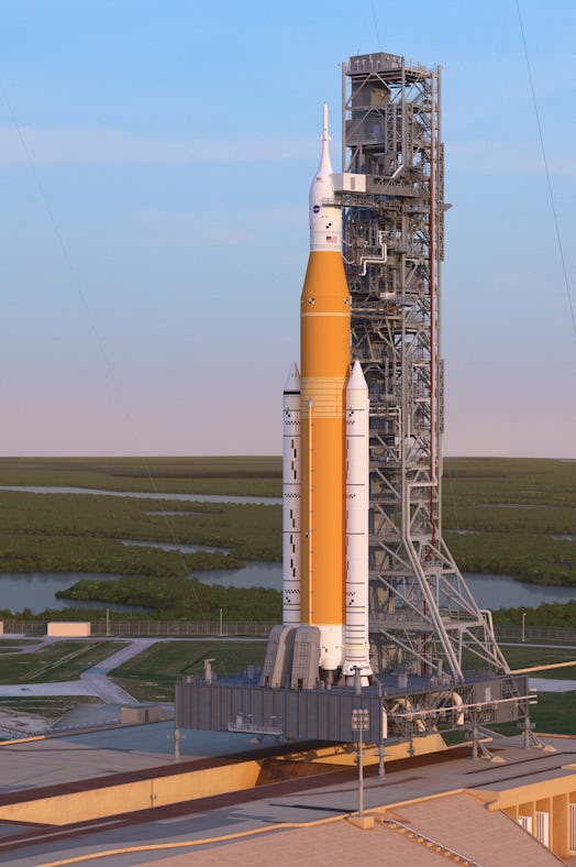 Artist's rendering of the Space Launch System Block 1 sitting on Launch Pad 39A with the Orion space...
