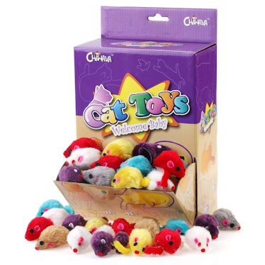 Chiwava 60PCS 4.1'' Furry Cat Toy Mice Rattle Small Mouse Kitten Interactive Play Assorted Color