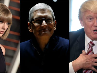 Collage of Taylor swift, Tim Cook, and Donald Trump photos