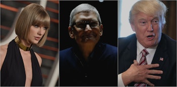 Collage of Taylor swift, Tim Cook, and Donald Trump photos