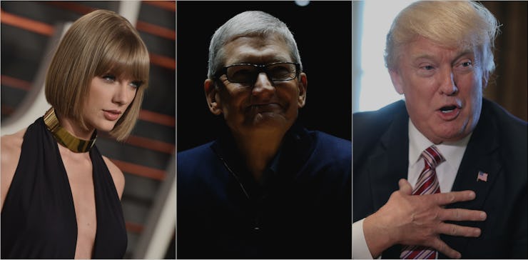 Collage of Taylor swift, Tim Cook, and Donald Trump photos