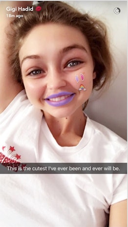 Selfie of Gigi Hadid with a Snapchat filter