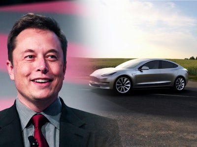 Side by side photos of Elon Musk and the Tesla Model 3 