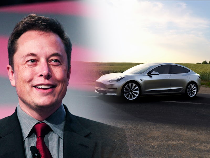Side by side photos of Elon Musk and the Tesla Model 3