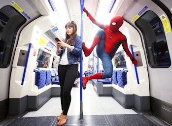 Spidey rides the tube, perhaps because there aren't enough tall buildings in London?