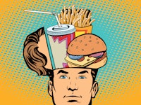 Collage of an opened male head and a hamburger, fries, and a soda drink cartoon bottle in the head