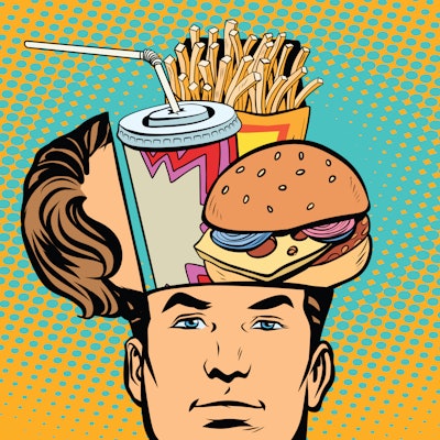 Collage of an opened male head and a hamburger, fries, and a soda drink cartoon bottle in the head