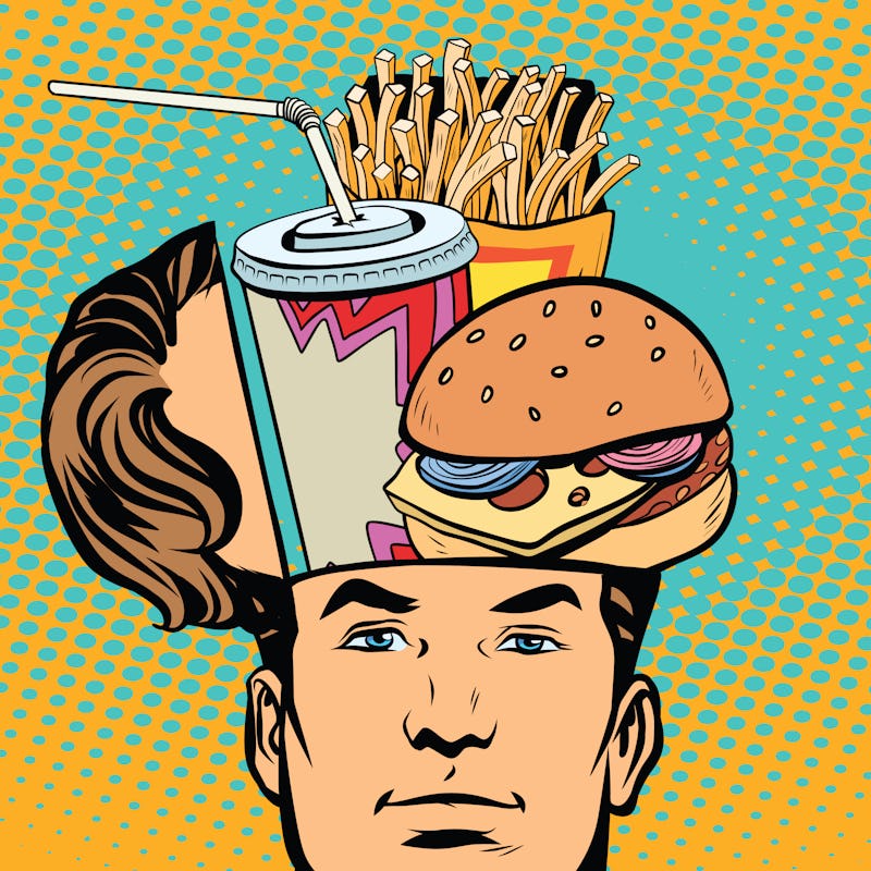 Collage of an opened male head and a hamburger, fries, and a soda drink cartoon bottle in the head