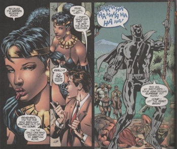 A Black Panther lookalike frightens Wakandan nationals in a Christopher Priest comic.