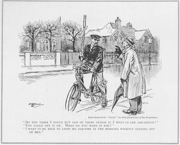 A 1930 cartoon from the periodical 'Punch' features a bicycle-riding lamplighter.