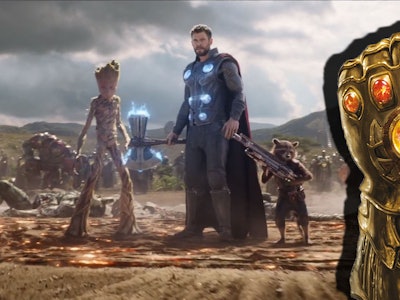 A battle scene from the movie 'Infinity War' with Thor and Groot