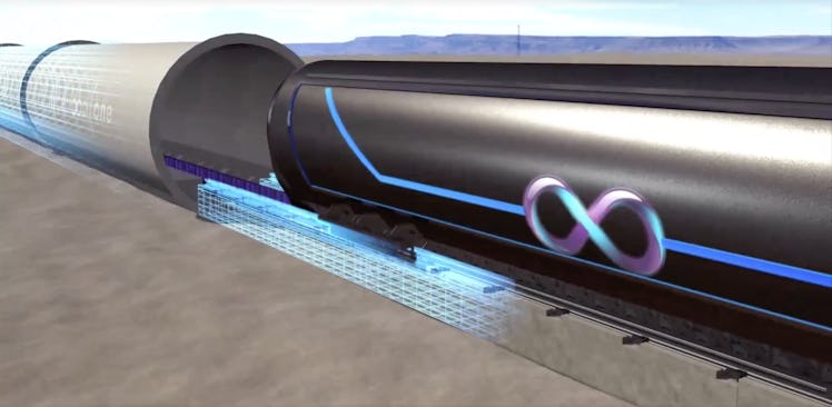 A rendering of what Hyperloop One wants its train-style pod to look like as it travels through a low...