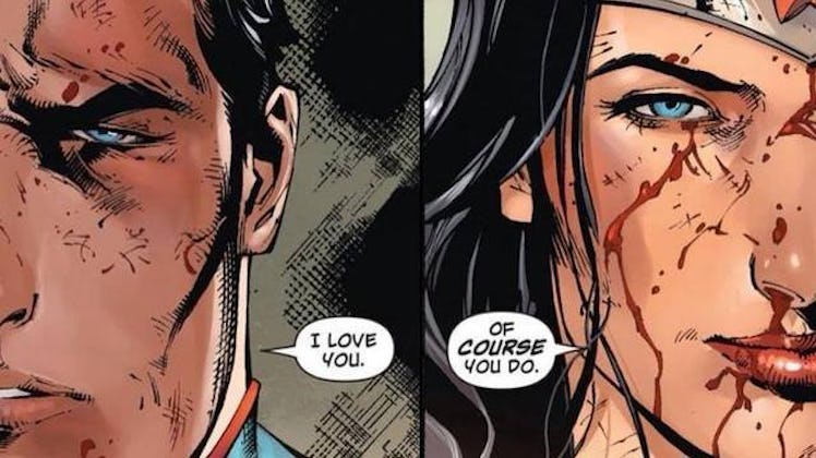A panel from 'Wonder Woman' depicts Superman confessing his feelings for Diana, who rebuffs him.