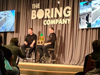 Elon Musk and Steve Davis on May 18, 2018 at a Boring Company information session in Los Angeles.
