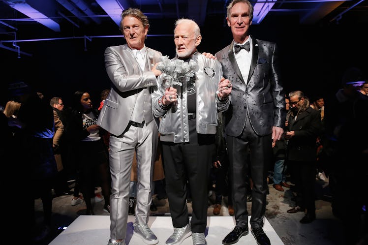 Nick Graham, Buzz Aldrin and Bill Nye on the runway in New York.
