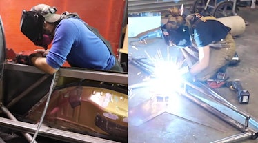 Mechanics fixing a Tesla pickup truck 