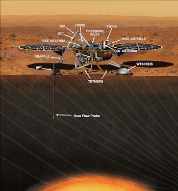 This artist's concept from August 2015 depicts NASA's InSight Mars lander fully deployed for studyin...
