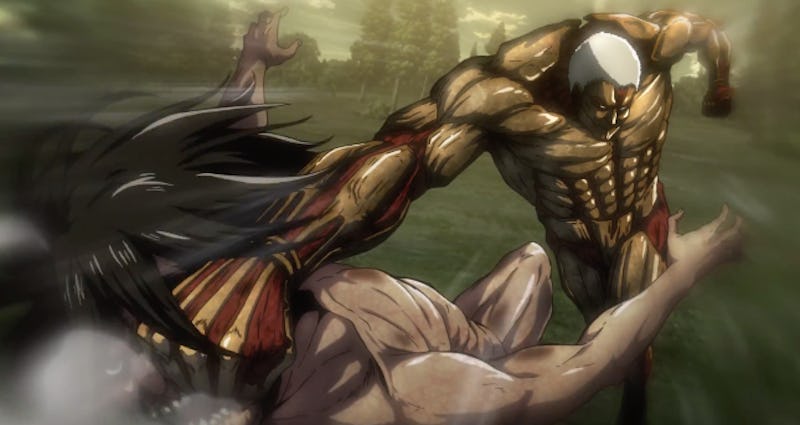 A screenshot from the first Attack on Titan Season 2 Trailer with a fight scene.