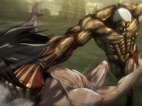 A screenshot from the first Attack on Titan Season 2 Trailer with a fight scene