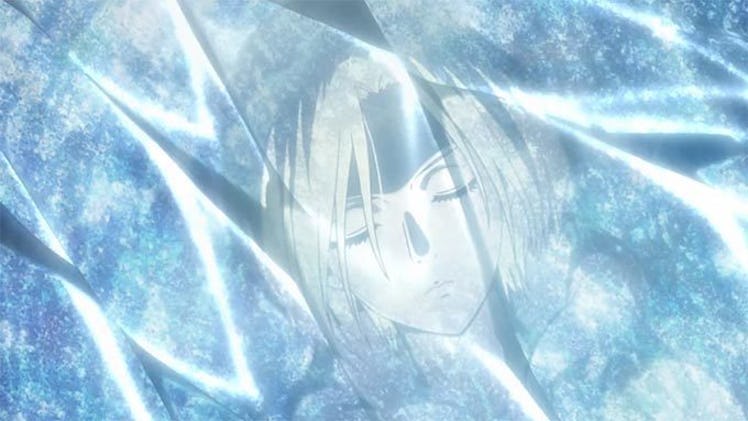 Annie Leonhart with closed eyes in a scene in the "Attack on Titan"