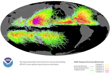 Global distribution of tropical cyclones with generally higher hurricane intensity in the northwest ...