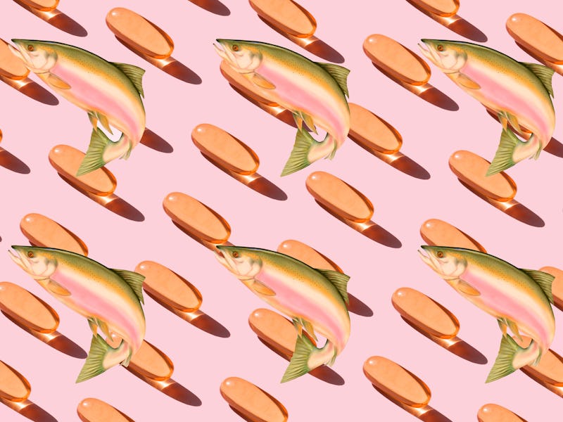 Collage of supplement pills and fish