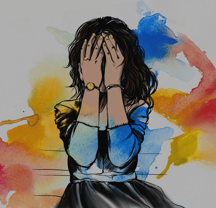 Illustration of a scared woman holding her hands over her face