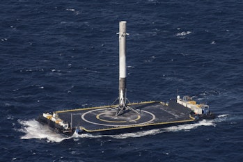 The Falcon 9 stands up on the droneship "Of Course I Still Love You', the name of which was taken fr...