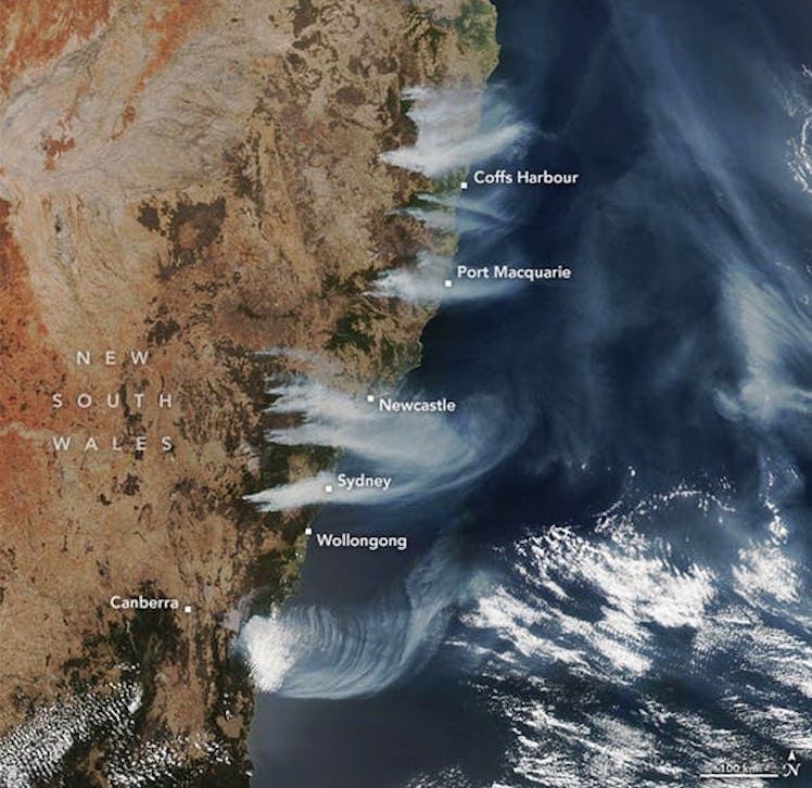 A satellite image showing fires burning on Australia’s east coast.