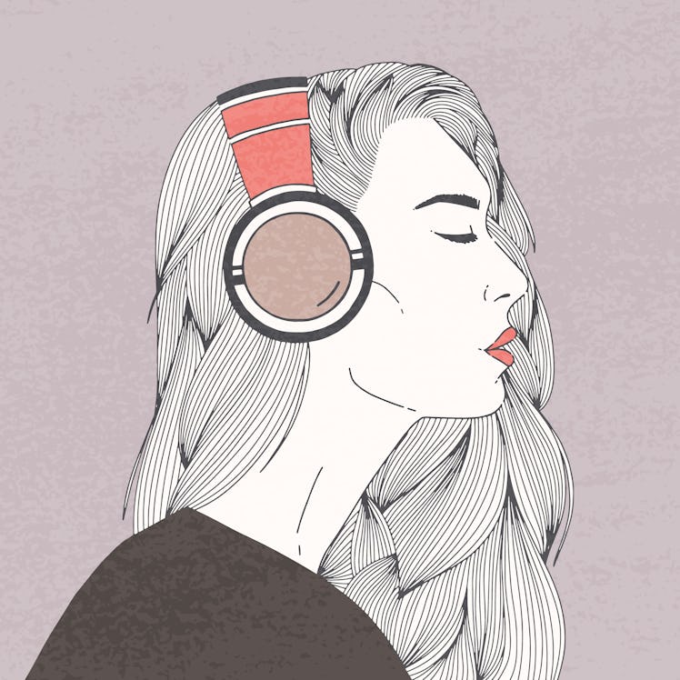 Black and white illustration of a woman with music headphones