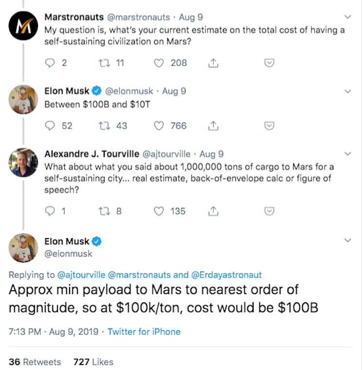 SpaceX CEO Elon Musk discusses on Twitter how much it would cost to establish a city on Mars, using ...