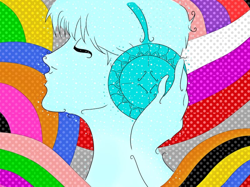 Illustration of a woman listening to music on headphones on a rainbow background