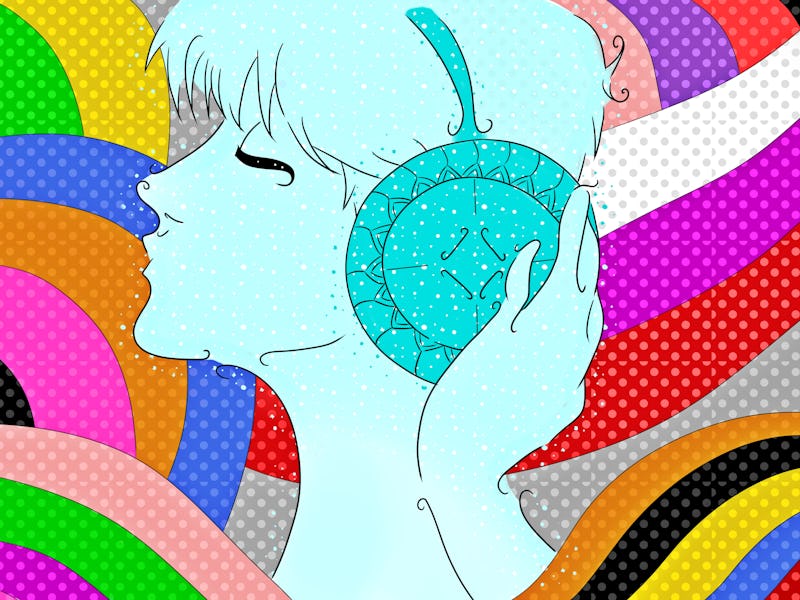Illustration of a woman listening to music on headphones on a rainbow background